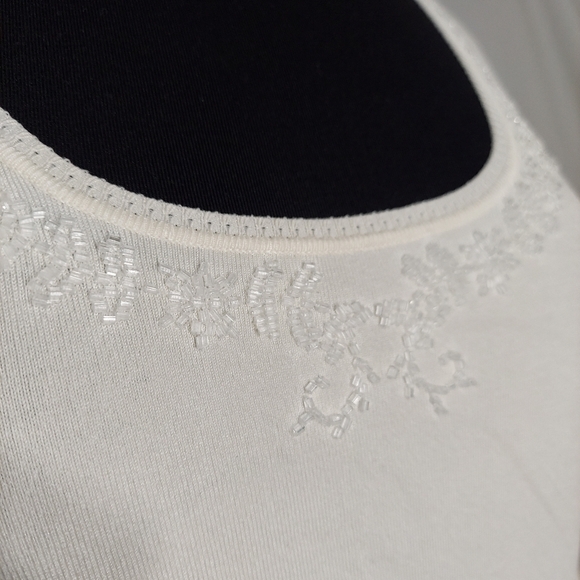 Il gilet Silk Knit Top Medium Beaded Scoop Neck Elbow Sleeve Stretch Swearwe - Picture 2 of 8